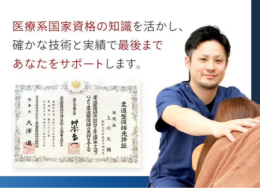 院長の施術写真と柔道整復師免許証